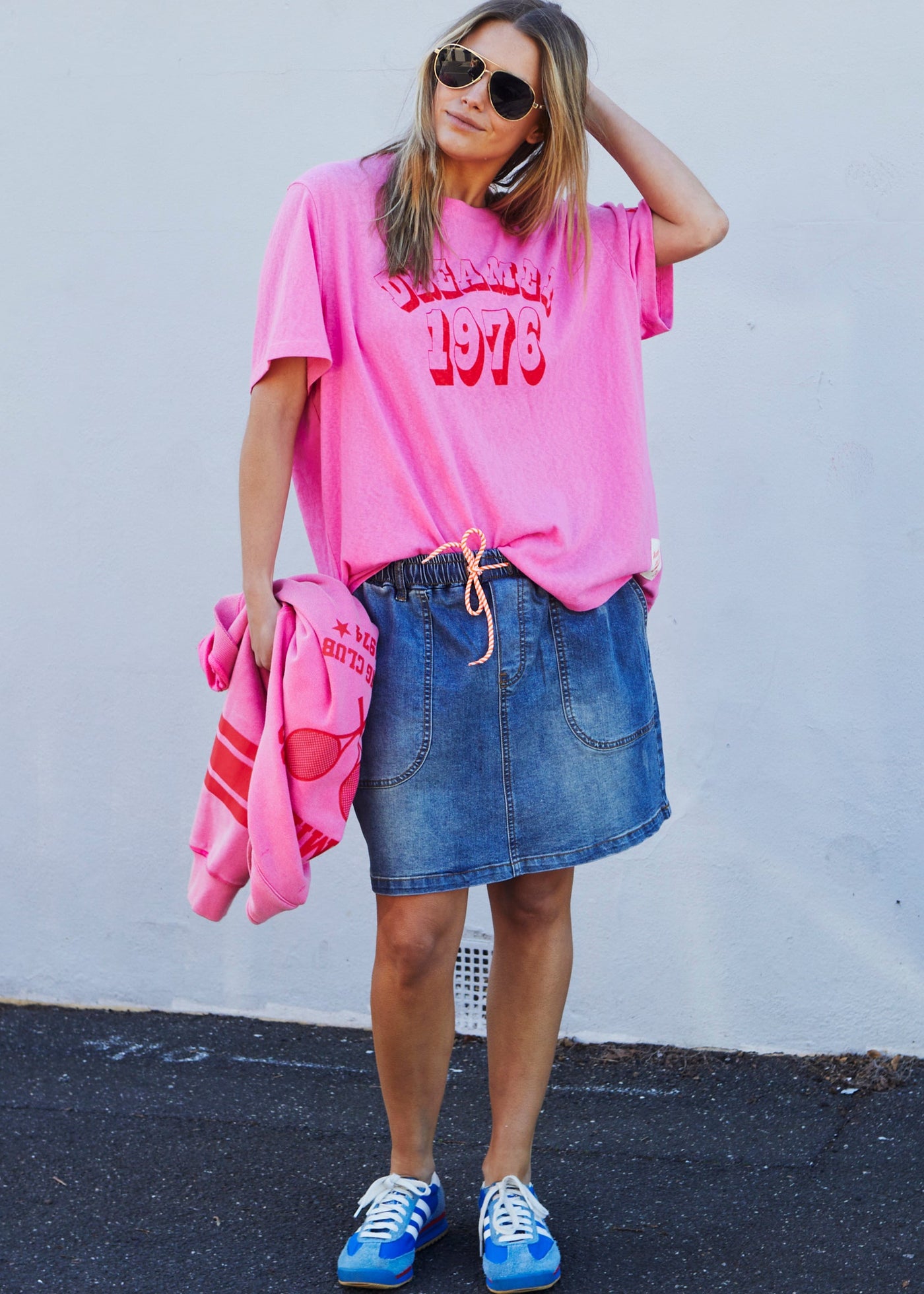 Hammill & Co Slouchy crew neck tee in a soft pink slub jersey with red retro Dreamer 1976 on the front and Hammill and Co logo on the sleeve
