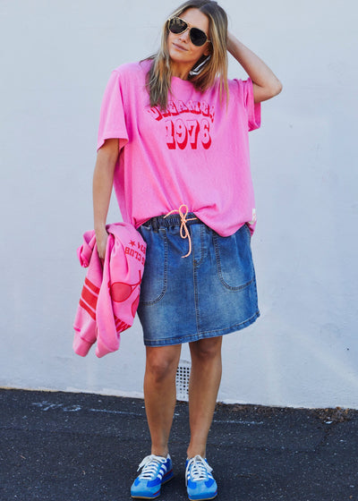 Hammill & Co Slouchy crew neck tee in a soft pink slub jersey with red retro Dreamer 1976 on the front and Hammill and Co logo on the sleeve