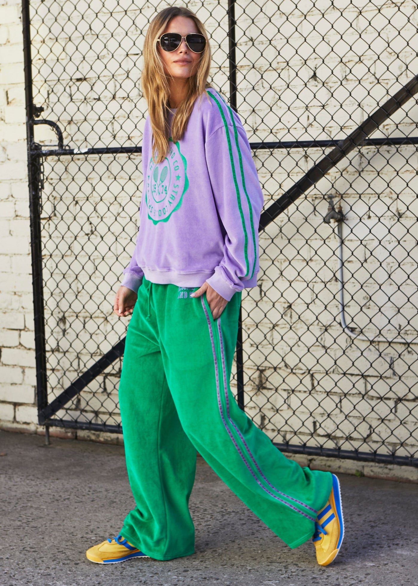 URBAN VELOUR PANT - GREEN/MAUVE