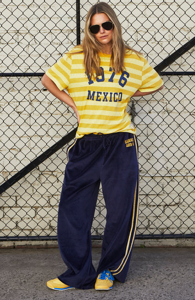 URBAN VELOUR PANT - NAVY/YELLOW