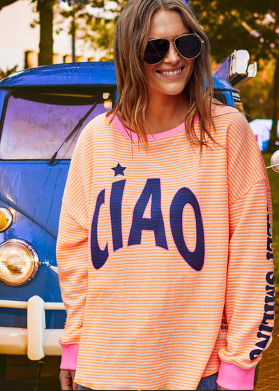 Hammill & Co Orange and white stripe rib waffle top with pink contrast rib and CIAO print on the front and keep smiling down the left sleeve. 