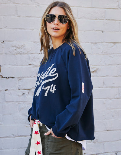 Hammill & Co New stretchy fabric sweat with beautiful brushed dark navy, fleecy on the inside. Features raw hem, raglan sleeve, Etoile '74 appliqué (Etoile is French for Star). A great fit and super comfy!