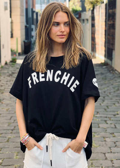 Hammill & Co Relaxed tee is slouchy and oversized with drop raglan sleeves and raw cut hem! Flattering round crew neck and cuffed sleeves with Frenchie print on the front.