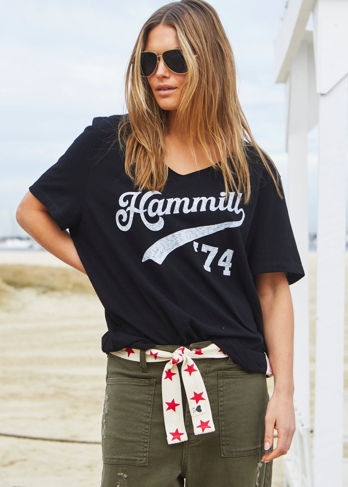 Hammill & Co Oversized best selling V neck tee in black with washed white Hammill '74 logo print on the front.