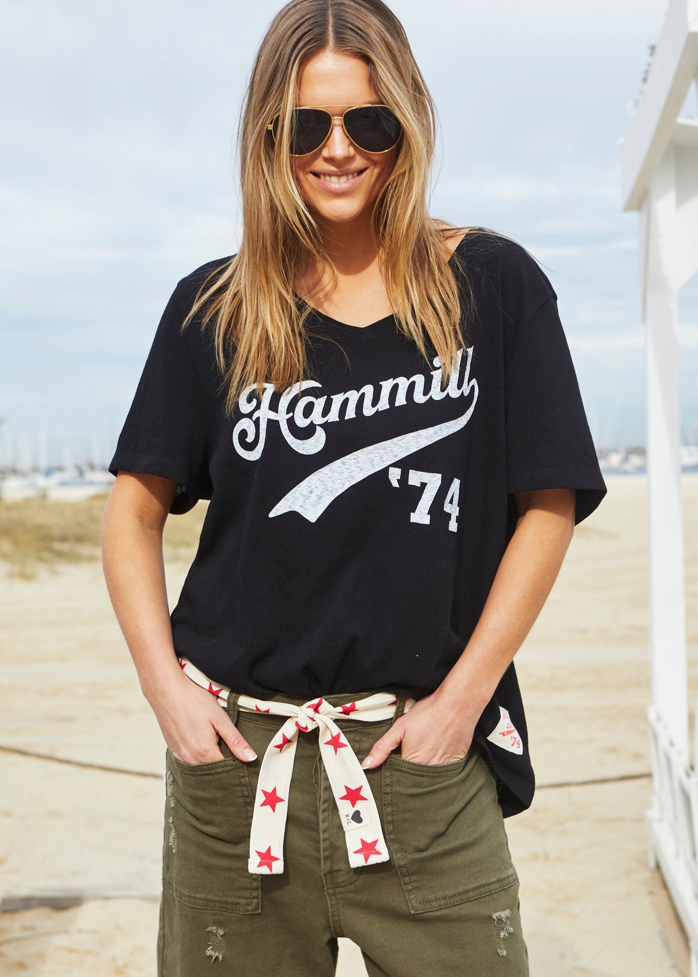 Hammill & Co Oversized best selling V neck tee in black with washed white Hammill '74 logo print on the front.