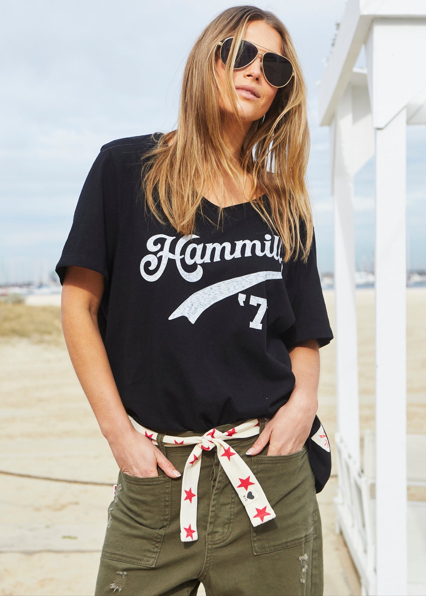 Hammill & Co Oversized best selling V neck tee in black with washed white Hammill '74 logo print on the front.
