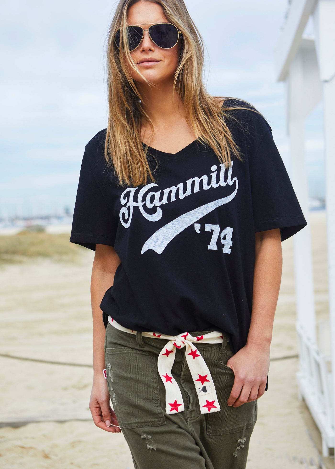 Hammill & Co Oversized best selling V neck tee in black with washed white Hammill '74 logo print on the front.