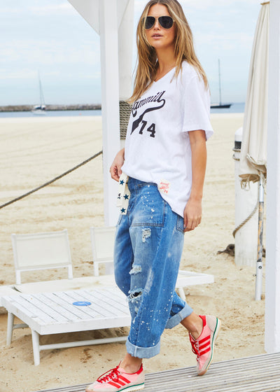 Hammill & Co Oversized best selling V neck tee in white with washed black Hammill '74 logo print on the front.