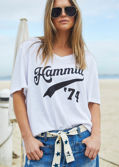 Hammill & Co Oversized best selling V neck tee in white with washed black Hammill '74 logo print on the front.