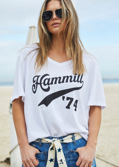 Hammill & Co Oversized best selling V neck tee in white with washed black Hammill '74 logo print on the front.