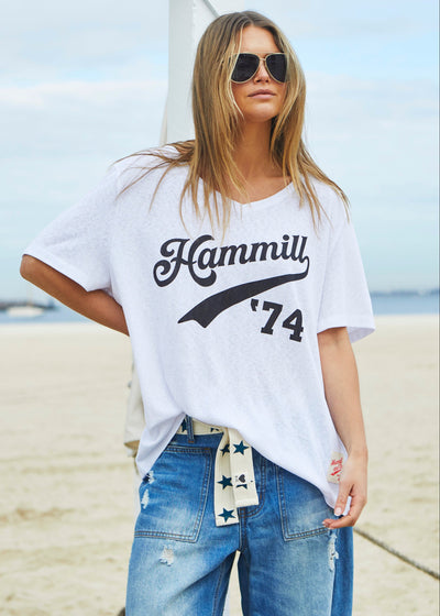 Hammill & Co Oversized best selling V neck tee in white with washed black Hammill '74 logo print on the front.