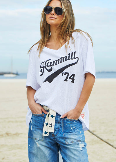 Hammill & Co Oversized best selling V neck tee in white with washed black Hammill '74 logo print on the front.