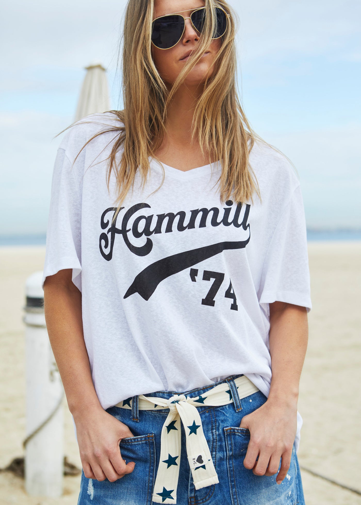 Hammill & Co Oversized best selling V neck tee in white with washed black Hammill '74 logo print on the front.