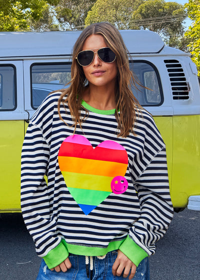 Hammill & Co Navy and white stripe rib waffle top with contrast rib collar and cuffs with our best selling multi stripe heart print.