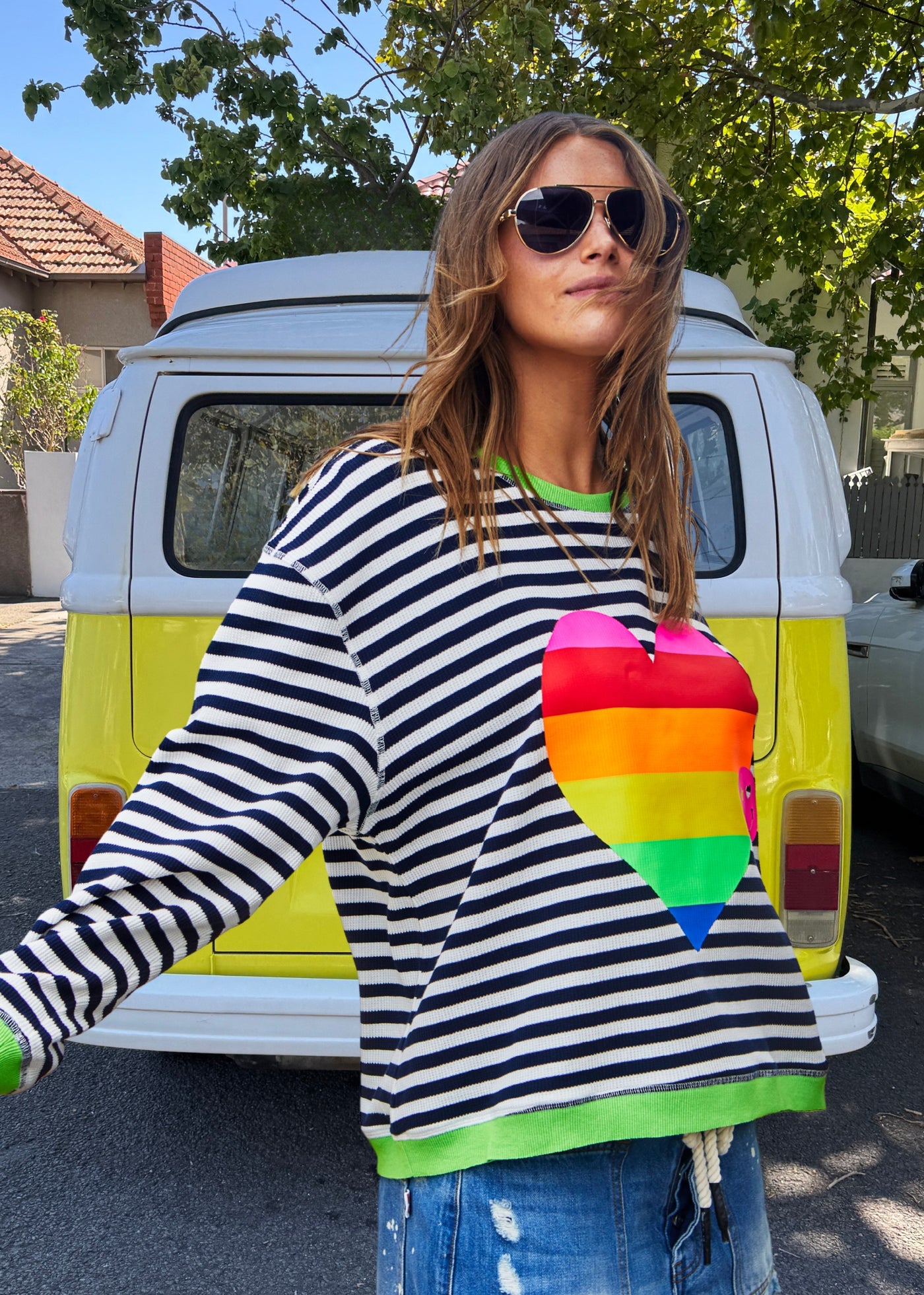 Hammill & Co Navy and white stripe rib waffle top with contrast rib collar and cuffs with our best selling multi stripe heart print.