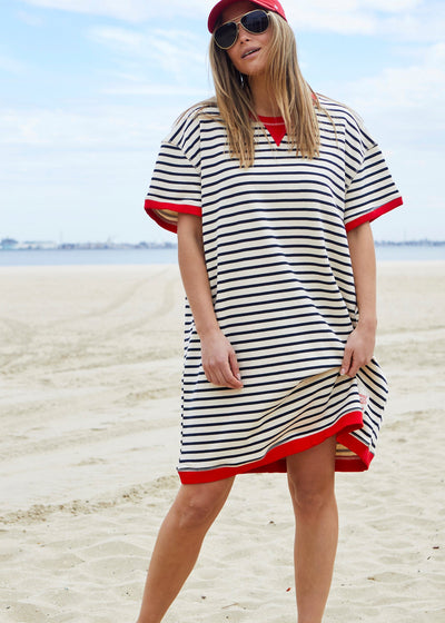 STRIPE  BEACH DRESS - NATURAL/RED