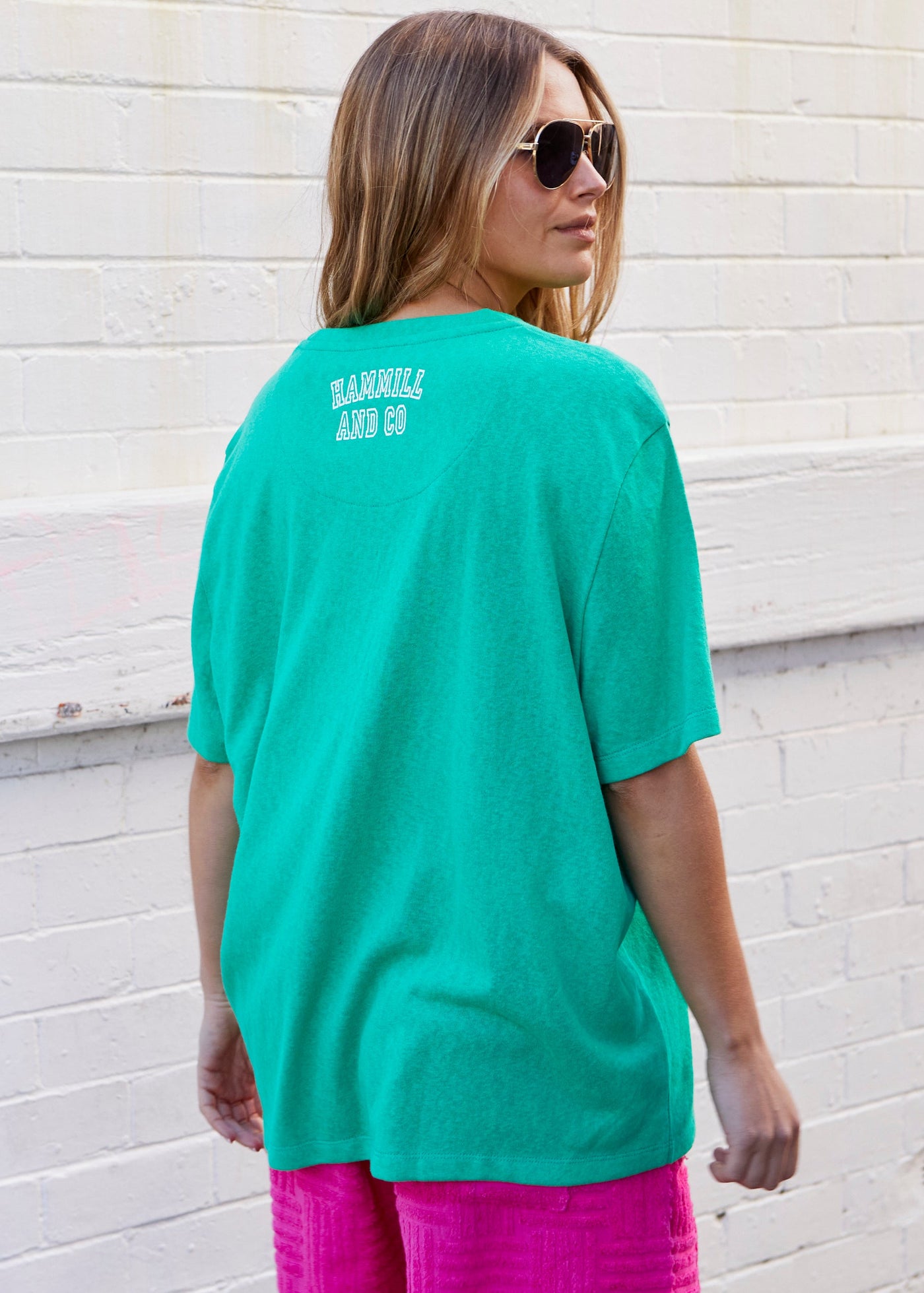 Hammill & Co Vintage Green slouchy tee with Live the Dream on the front and small round logo on the left sleeve.