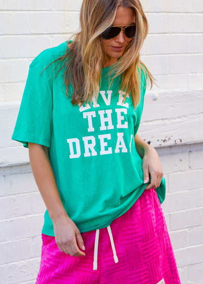 Hammill & Co Vintage Green slouchy tee with Live the Dream on the front and small round logo on the left sleeve.