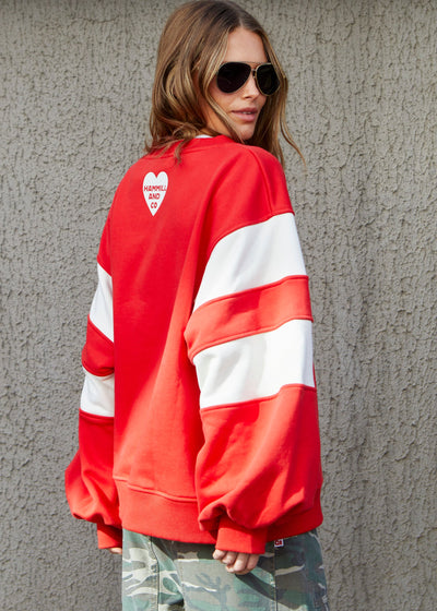 Hammill & Co Cannes 1988 red sweat panelled sweat with relaxed raglan sleeve and contrast panels with slight puff sleeve. The sweat is in a gorgeous washed red with natural panels and front chest print.