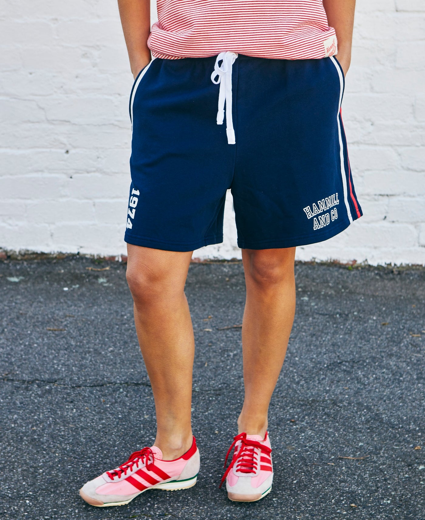 Hammill & Co Navy relaxed, comfy fleece short with elastic waist and white draw cord. Our new fit is the perfect length for a casual look sitting just above the knee.
