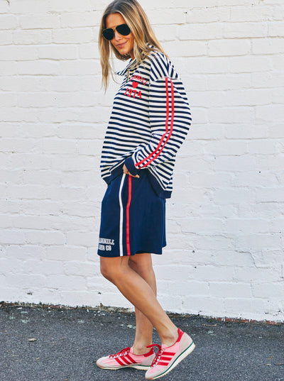 Hammill & Co Navy relaxed, comfy fleece short with elastic waist and white draw cord. Our new fit is the perfect length for a casual look sitting just above the knee.