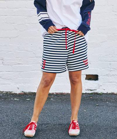 Hammill & Co Navy and white relaxed, comfy fleece short with elastic waist and contrast red draw cord. Our new fit is the perfect length for a casual look sitting just above the knee.