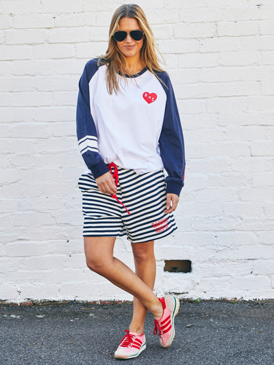 Hammill & Co Navy and white relaxed, comfy fleece short with elastic waist and contrast red draw cord. Our new fit is the perfect length for a casual look sitting just above the knee.