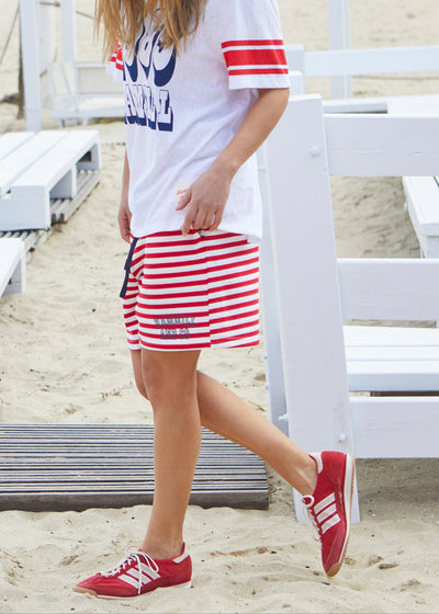 Hammill & Co Red and white stripe relaxed, comfy fleece short with elastic waist and contrast red draw cord. Our new fit is the perfect length for a casual look sitting just above the knee.