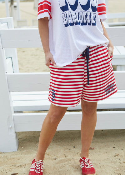 Hammill & Co Red and white stripe relaxed, comfy fleece short with elastic waist and contrast red draw cord. Our new fit is the perfect length for a casual look sitting just above the knee.