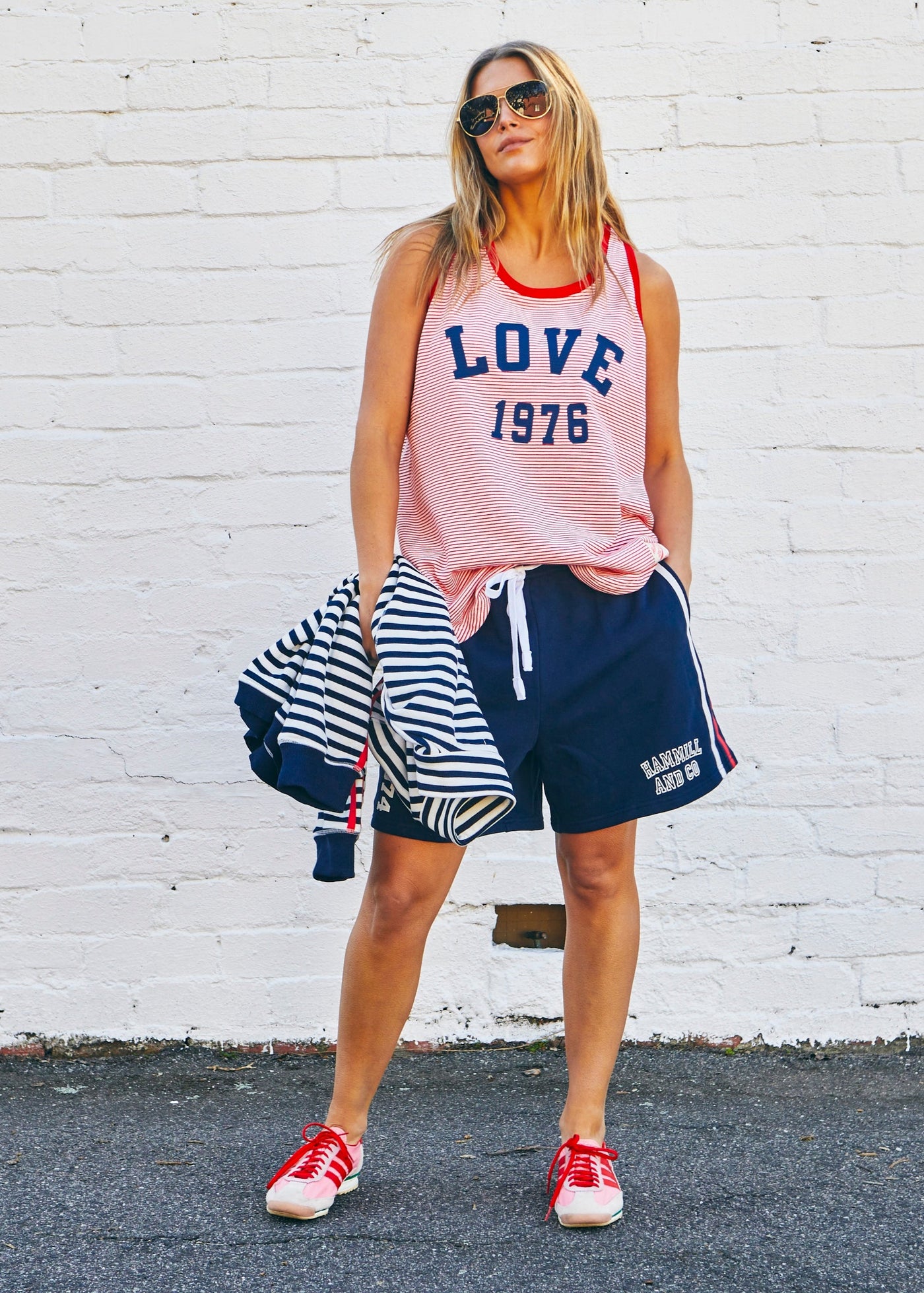 Hammill & Co Retro stripe tank in soft cotton red and white rib with red rib trim. Navy Love retro print on the front.
