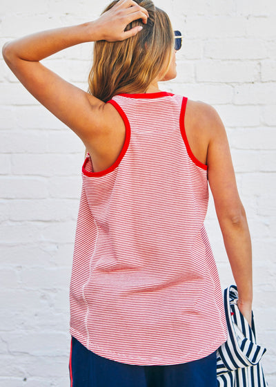 Hammill & Co Retro stripe tank in soft cotton red and white rib with red rib trim. Navy Love retro print on the front.