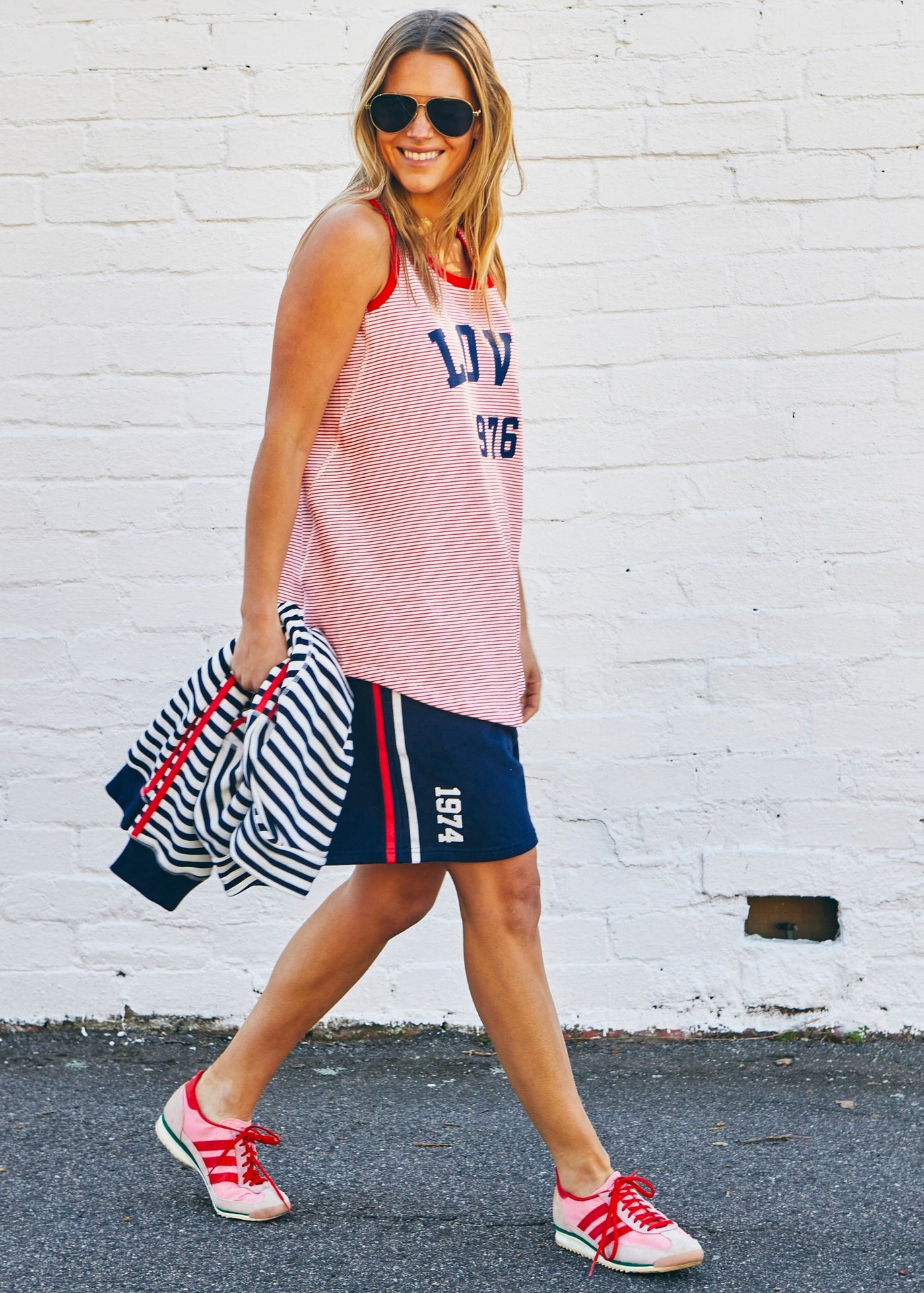 Hammill & Co Retro stripe tank in soft cotton red and white rib with red rib trim. Navy Love retro print on the front.