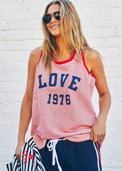 Hammill & Co Retro stripe tank in soft cotton red and white rib with red rib trim. Navy Love retro print on the front.