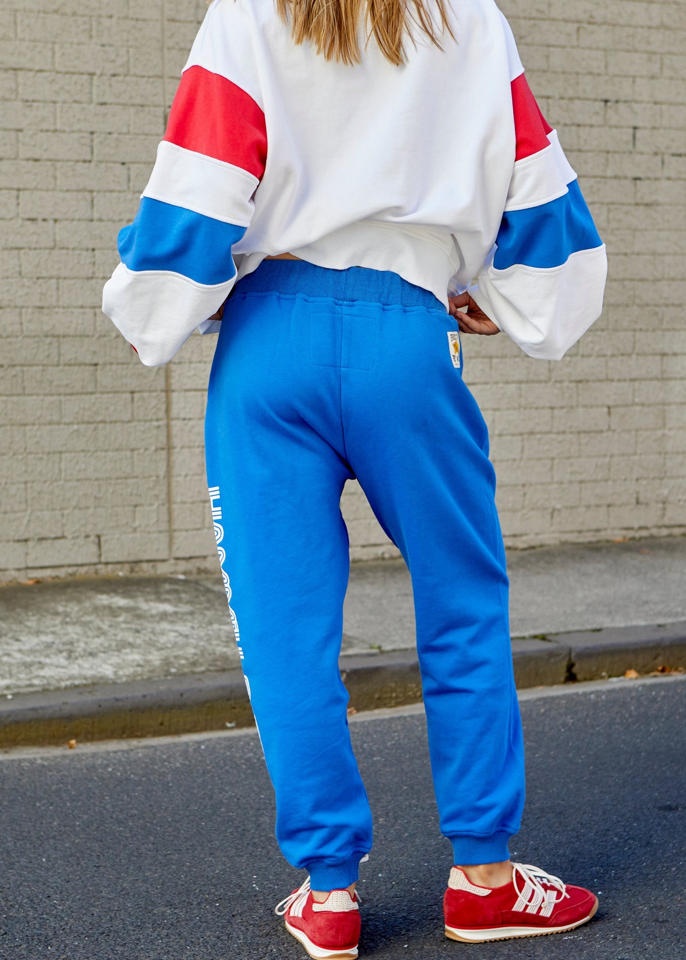 Hammill & Co Royal track pant with  Hammill & Co down the left leg and red heart on the right hip. Natural draw cord with elastic waist and slouchy pockets.