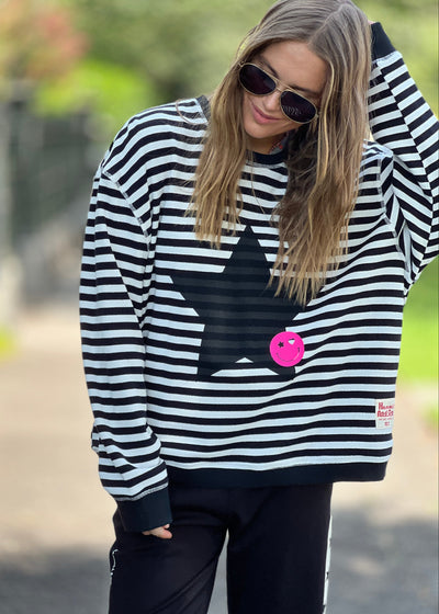 Hammill & Co Black and white stripe rib waffle top with contrast black rib collar and cuffs. New Star and smiling print on the front.