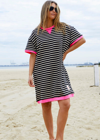 Hammill & Co This sporty beach dress is a relaxed, oversized striped tee-style dress designed for effortless coastal wear. I