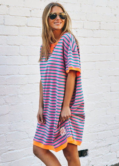Hammill & Co This sporty beach dress is a relaxed, oversized striped tee-style dress designed for effortless coastal wear