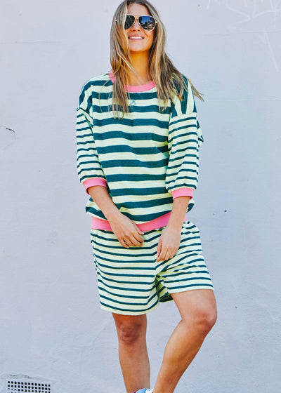 Hammill & Co relaxed terry towelling stripe shorts bring effortless summer energy with their playful green / mint stripes.