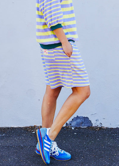Hammill & Co relaxed terry towelling stripe shorts bring effortless summer energy with their playful lemon and mauve stripes.
