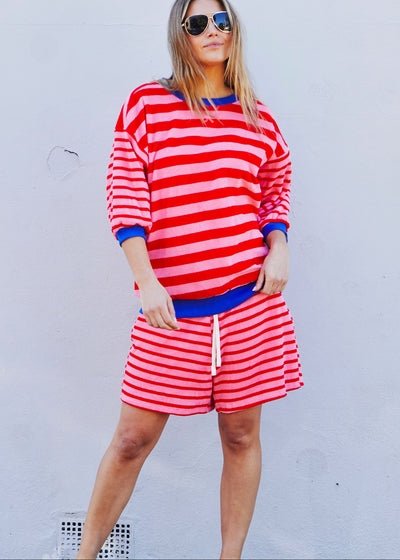 Hammill & Co relaxed terry towelling stripe shorts bring effortless summer energy with their playful soft pink and red stripes!