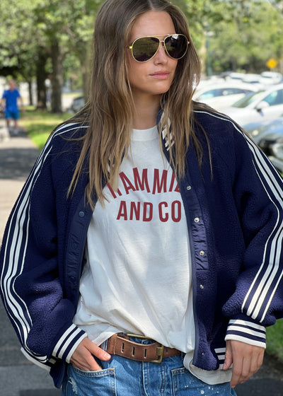 Hammill & Co cool relaxed bomber style  in superior quality polar fleece jacket with contrast natural and navy stripe tape down each sleeve.