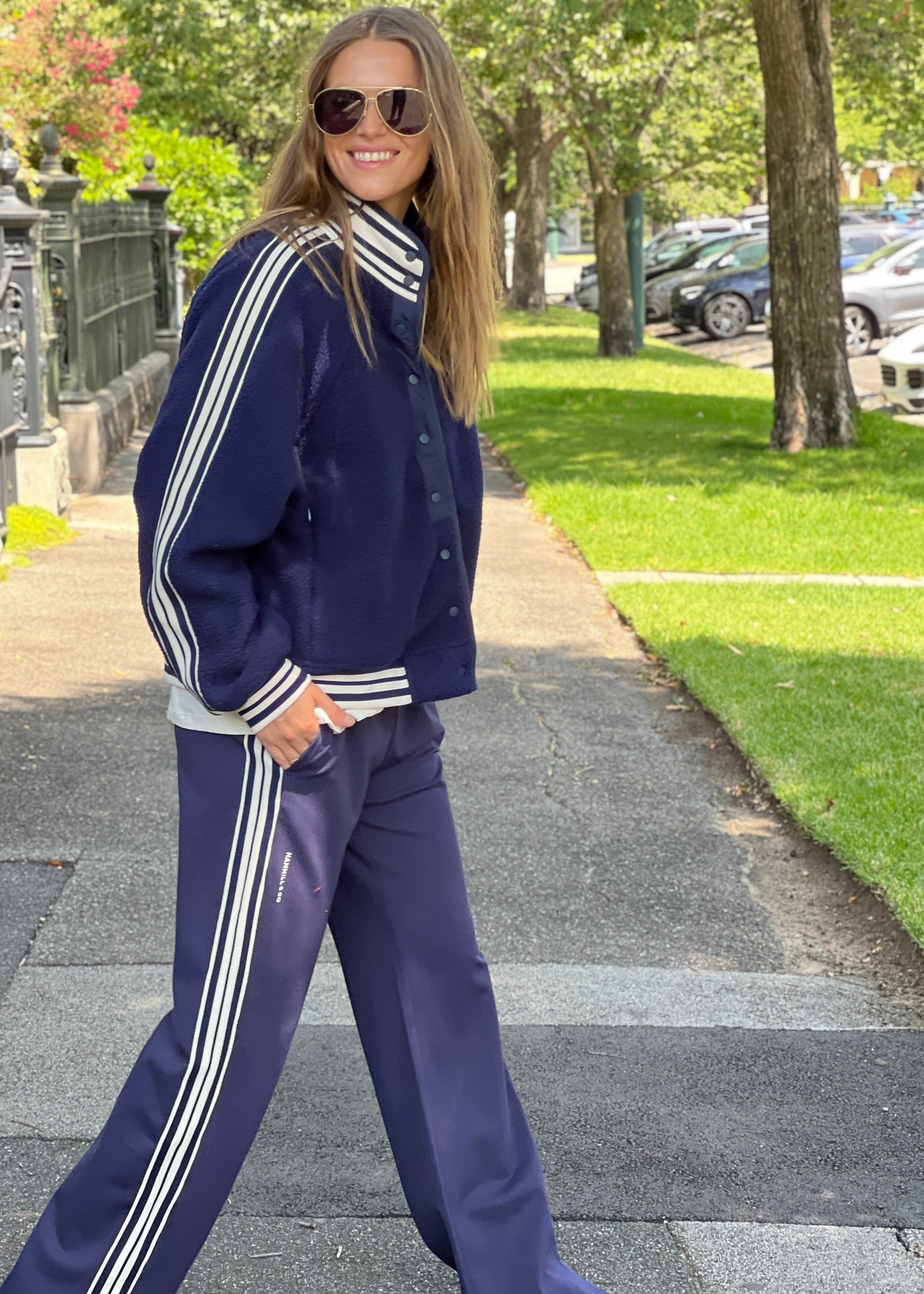 Hammill & Co cool relaxed bomber style  in superior quality polar fleece jacket with contrast natural and navy stripe tape down each sleeve.
