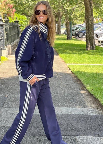 Hammill & Co cool relaxed bomber style  in superior quality polar fleece jacket with contrast natural and navy stripe tape down each sleeve.