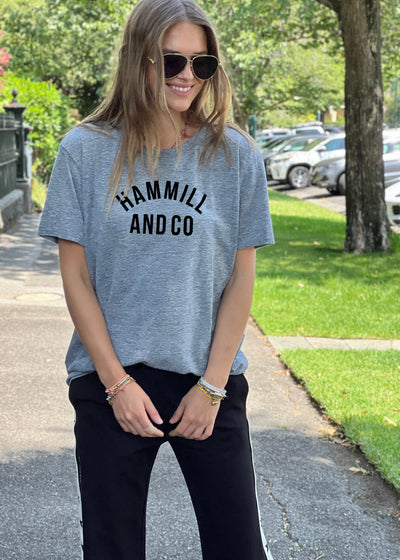 Hammill and Co Varsity logo tee in our standard fit. Grey marle body colour with a black Hammill and Co print on the front.