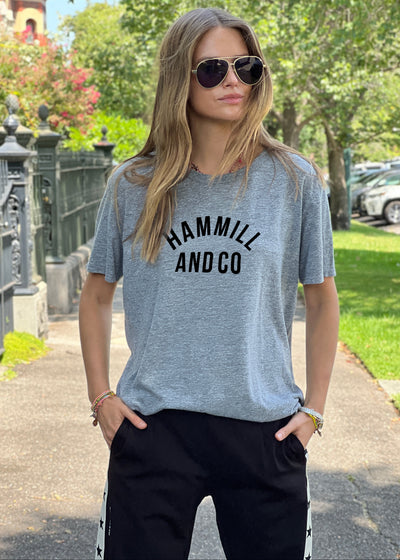 Hammill and Co Varsity logo tee in our standard fit. Grey marle body colour with a black Hammill and Co print on the front.