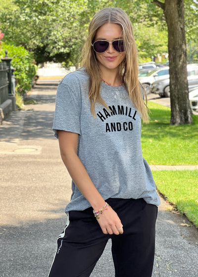 Hammill and Co Varsity logo tee in our standard fit. Grey marle body colour with a black Hammill and Co print on the front.