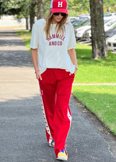 Hammill and Co Varsity logo tee in our standard fit. A warm natural body colour with a deep red Hammill and Co print on the front.
