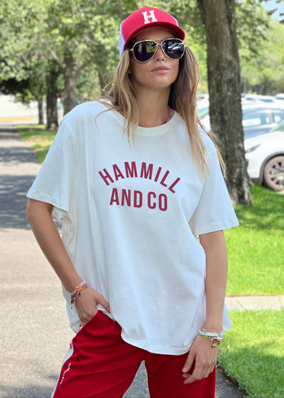 Hammill and Co Varsity logo tee in our standard fit. A warm natural body colour with a deep red Hammill and Co print on the front.