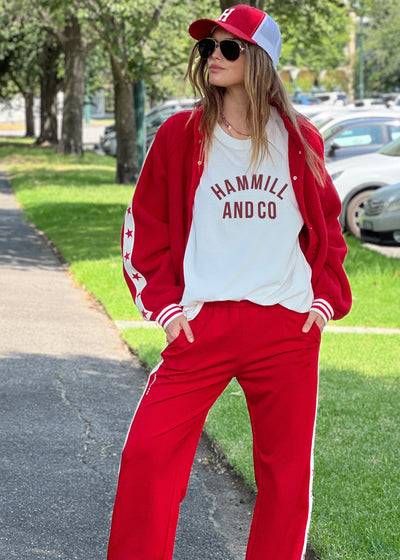 Hammill and Co Varsity logo tee in our standard fit. A warm natural body colour with a deep red Hammill and Co print on the front.