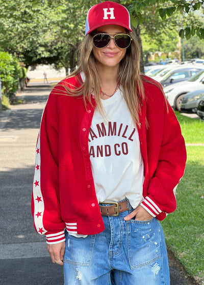 Hammill and Co Varsity logo tee in our standard fit. A warm natural body colour with a deep red Hammill and Co print on the front.